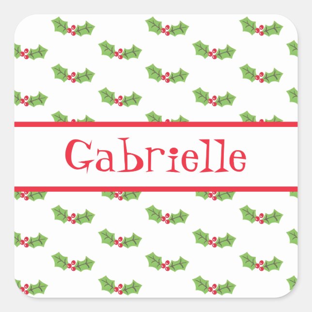 Personalised Christmas Holly & Berries Square Stic Sticker (Front)