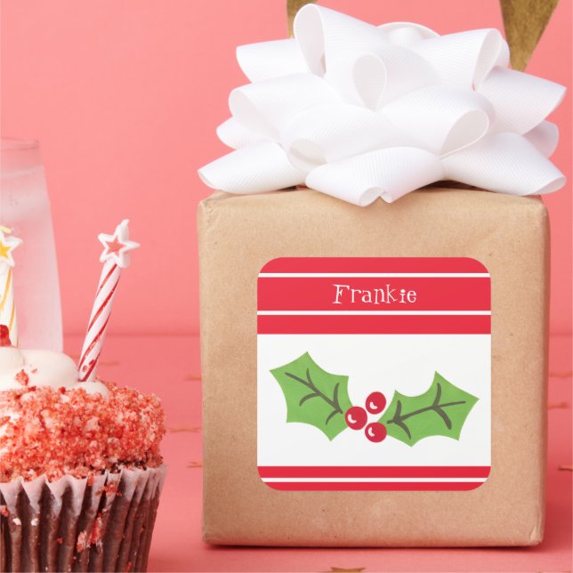 Personalised Christmas Holly & Berries Square Stic Sticker (Party)