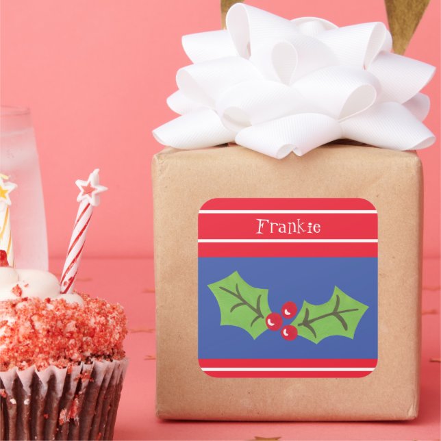 Personalised Christmas Holly & Berries Square Sticker (Party)