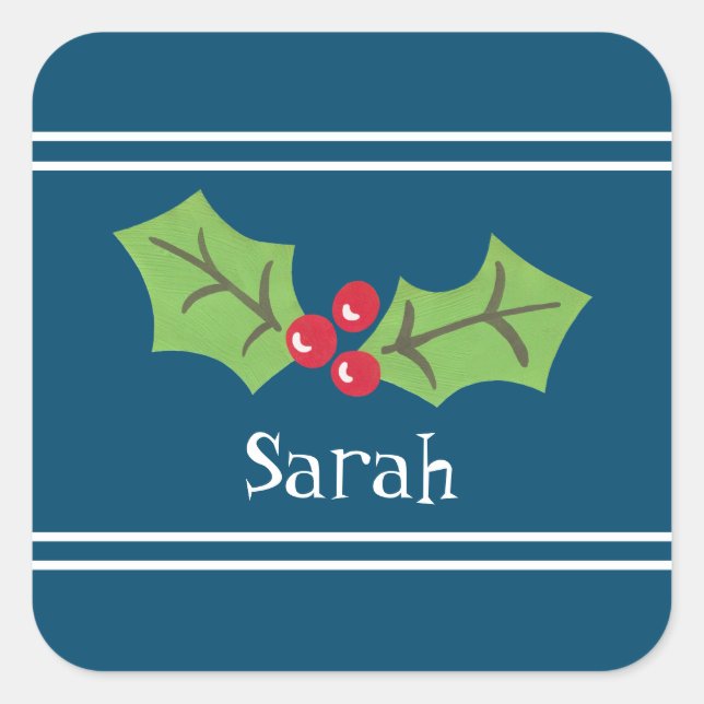 Personalised Christmas Holly & Berries  Square Sticker (Front)