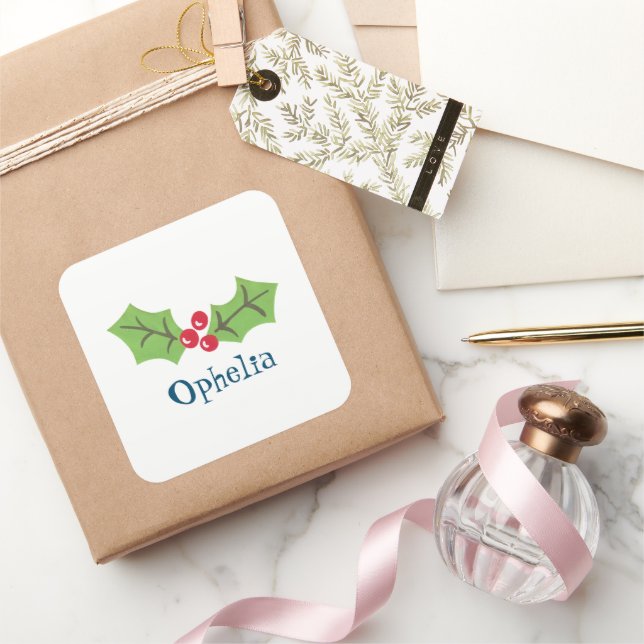 Personalised Christmas Holly & Berries Square Sticker (Gifting)