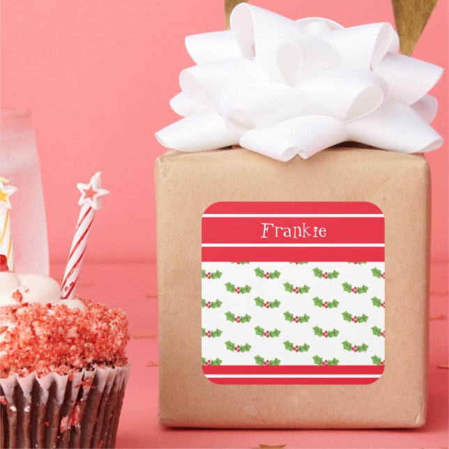 Personalised Christmas Holly & Berries Square Sticker (Party)