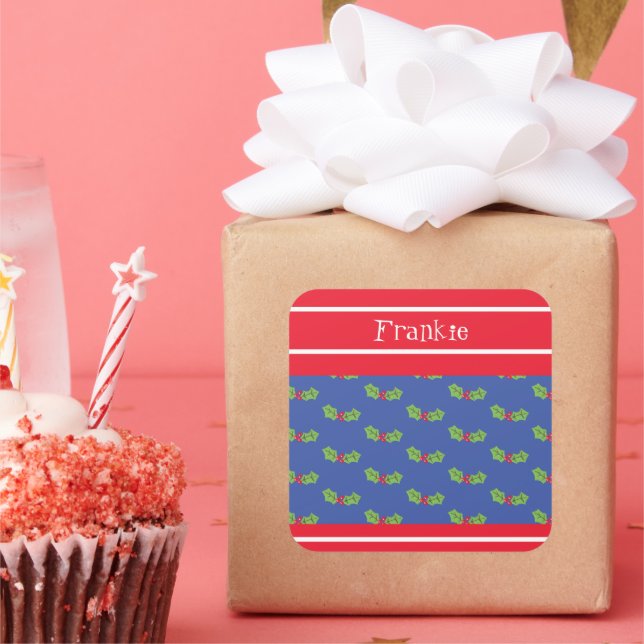 Personalised Christmas Holly & Berries Square Sticker (Party)