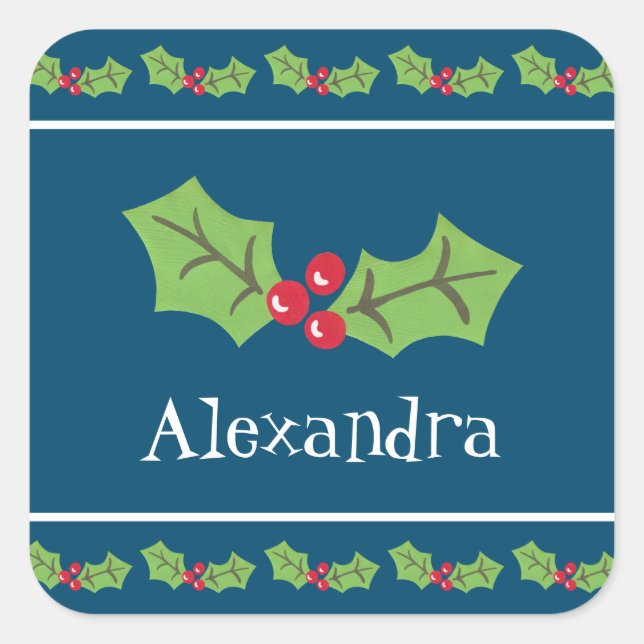 Personalised Christmas Holly & Berries Square Sticker (Front)
