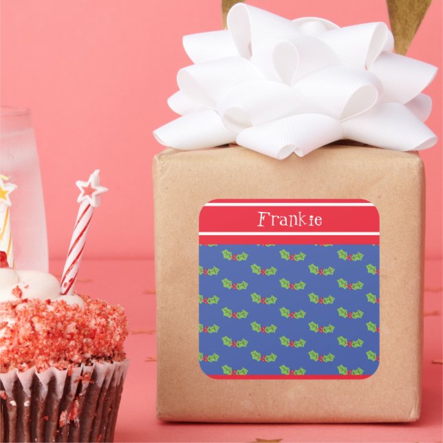 Personalised Christmas Holly & Berries Square Sticker (Party)