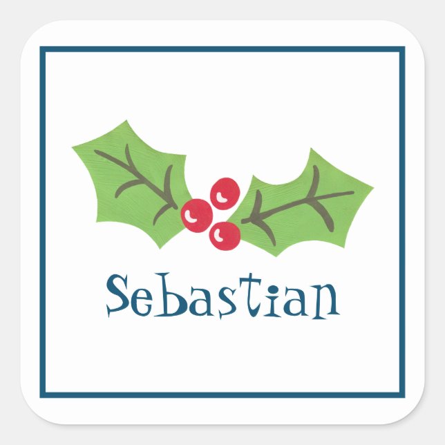 Personalised Christmas Holly & Berries  Square  Sticker (Front)