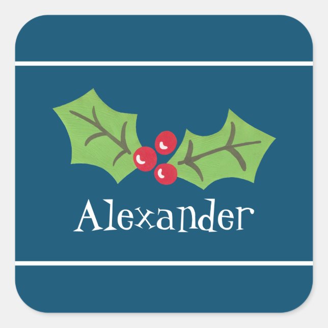 Personalised Christmas Holly & Berries Square Sticker (Front)
