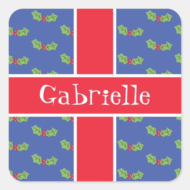 Personalised Christmas Holly & Berries Square Sticker (Front)