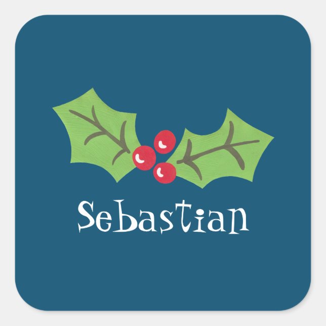 Personalised Christmas Holly & Berries  Square Sticker (Front)