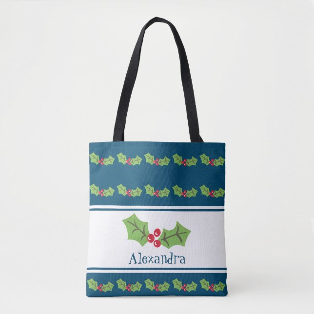 Personalised Christmas Holly & Berries Tote Bag (Front)
