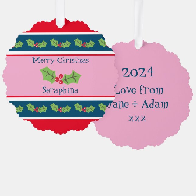 Personalised Christmas Holly & Berries Tree Decoration Card (Front/Back)