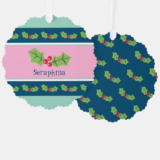 Personalised Christmas Holly & Berries Tree Decoration Card (Front/Back)