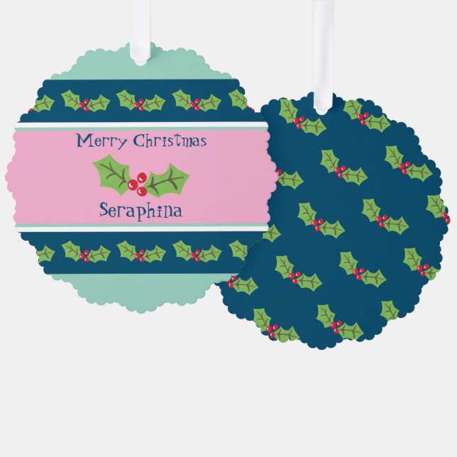 Personalised Christmas Holly & Berries Tree Decoration Card (Front/Back)
