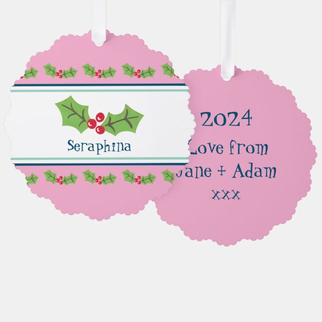 Personalised Christmas Holly & Berries Tree Decoration Card (Front/Back)