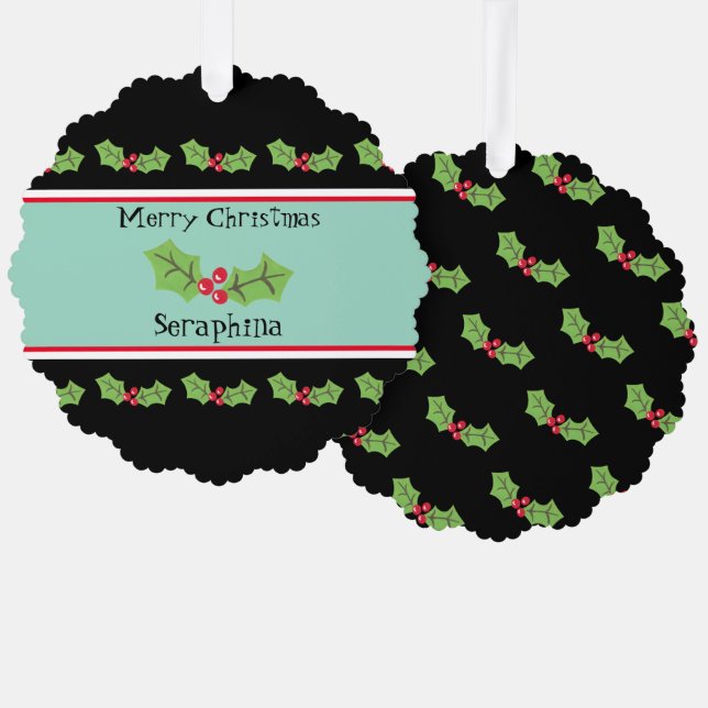 Personalised Christmas Holly & Berries Tree Decoration Card (Front/Back)