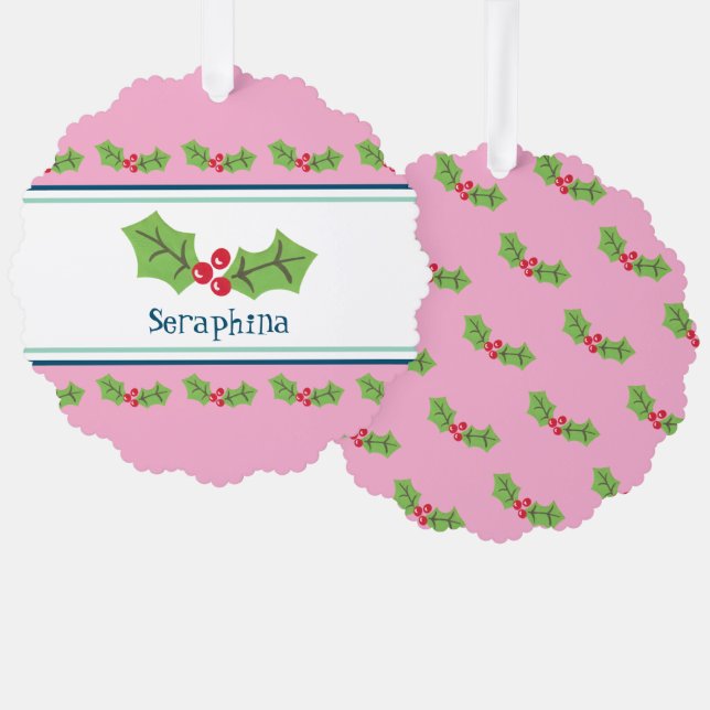 Personalised Christmas Holly & Berries Tree Decoration Card (Front/Back)