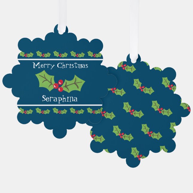 Personalised Christmas Holly & Berries Tree Decoration Card (Front/Back)