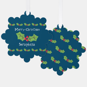Personalised Christmas Holly & Berries Tree Decoration Card