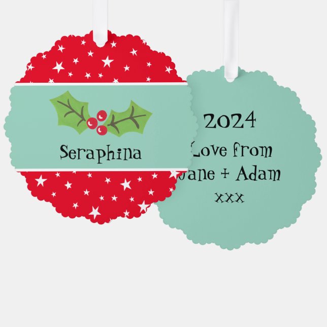 Personalised Christmas Holly & Berries Tree Decoration Card (Front/Back)