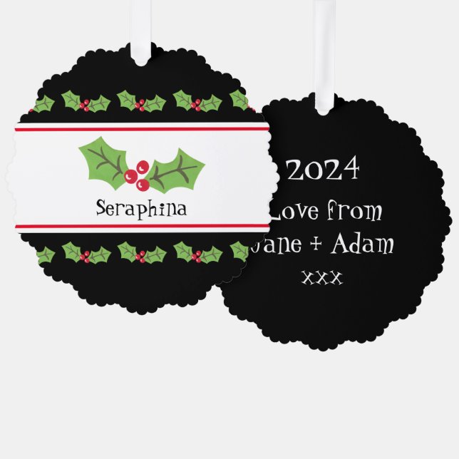 Personalised Christmas Holly & Berries Tree Decoration Card (Front/Back)