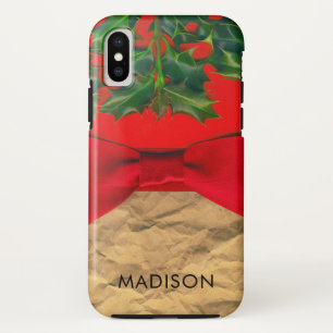 Personalised Christmas Holly Leaves and Red Bow iPhone X Case