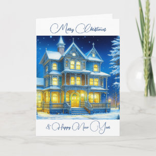 Personalised Christmas House on a Snowy Night Card