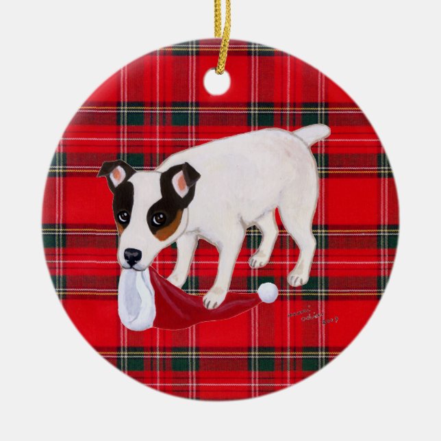 Personalised Christmas Jack Russell Terrier Tartan Ceramic Tree Decoration (Front)