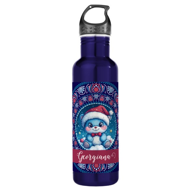 Personalised Christmas Kawaii Bear Dot Mandala 710 Ml Water Bottle (Front)