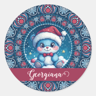 Personalised Christmas Kawaii Bear Dot Mandala Classic Round Sticker