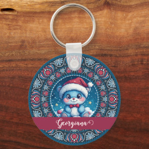 Personalised Christmas Kawaii Bear Dot Mandala Key Ring
