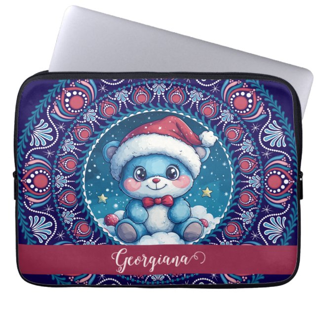 Personalised Christmas Kawaii Bear Dot Mandala Laptop Sleeve (Front)