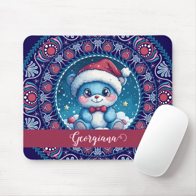 Personalised Christmas Kawaii Bear Dot Mandala Mouse Mat (With Mouse)