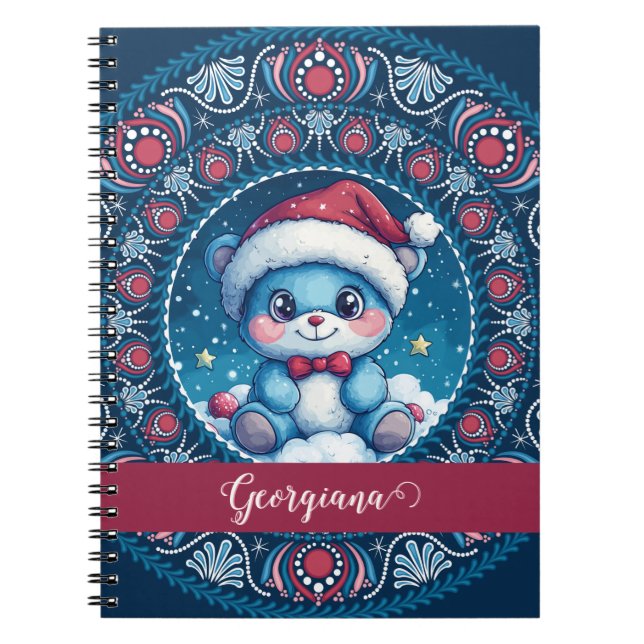 Personalised Christmas Kawaii Bear Dot Mandala Notebook (Front)