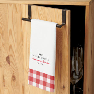 Personalised Christmas Kitchen Red Gingham Family Tea Towel