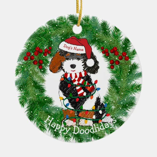 Personalised Christmas Lights Bernedoodle Ceramic Tree Decoration (Front)