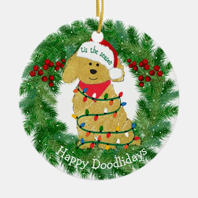 Personalised Christmas Lights Goldendoodle Ceramic Tree Decoration (Front)