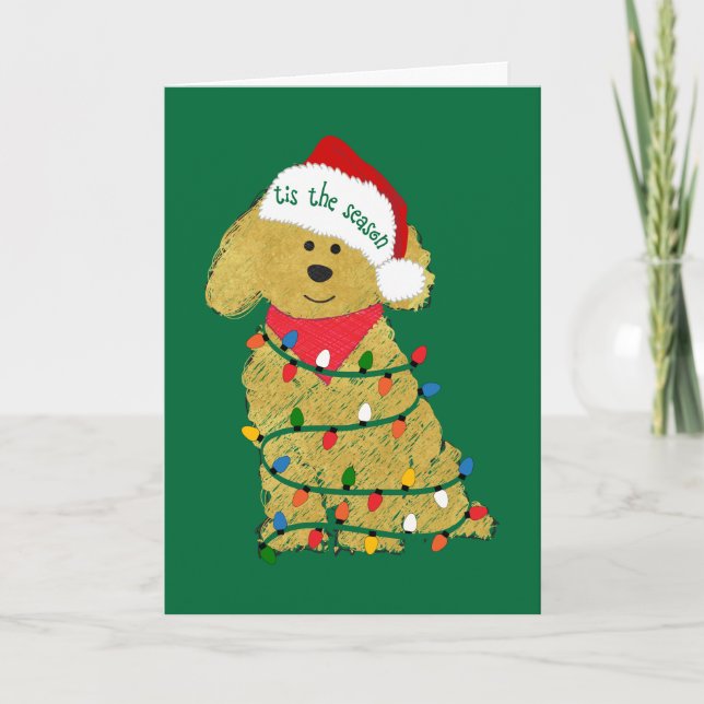 Personalised Christmas Lights Goldendoodle Holiday Card (Front)