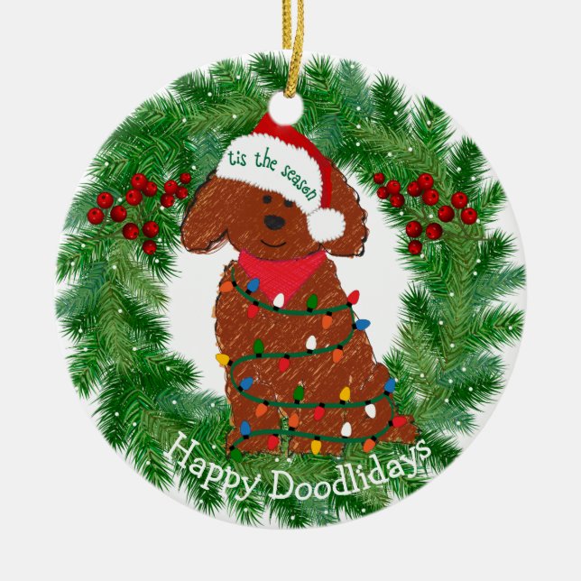 Personalised Christmas Lights Red Goldendoodle Ceramic Tree Decoration (Front)