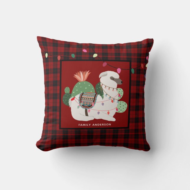Personalised Christmas LLama Alpaca Buffalo Plaid Cushion (Front)