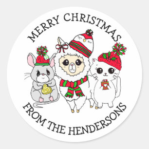 Personalised Christmas Llama, Kitten and Mouse Classic Round Sticker