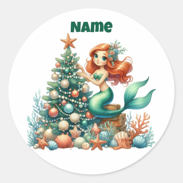 Personalised Christmas Mermaid Circular Sticker (Front)