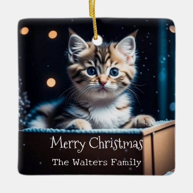 Personalised Christmas Message Christmas Kitten Ceramic Ornament (Front)