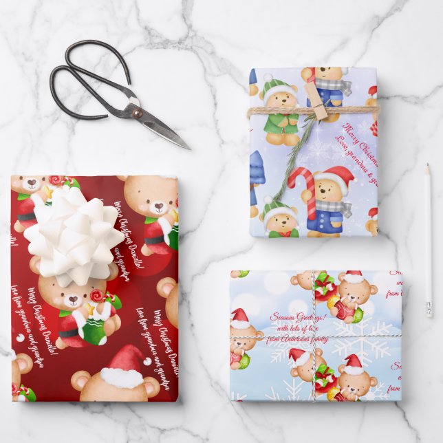Personalised Christmas message template teddy bear Wrapping Paper Sheet (Front)