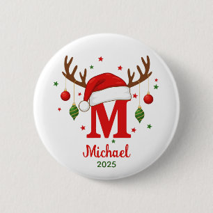 Personalised Christmas Monogram M Santa Hat 6 Cm Round Badge