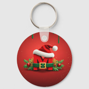 Personalised Christmas Monogram M with Santa Hat Key Ring