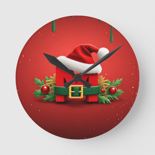 Personalised Christmas Monogram M with Santa Hat  Round Clock (Front)