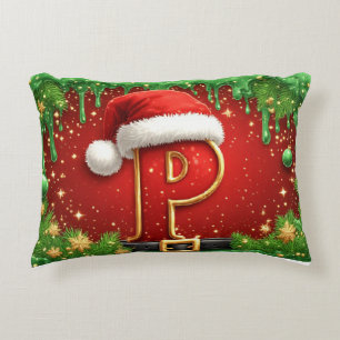 Personalised Christmas Monogram P with Santa Hat Decorative Cushion