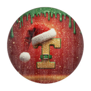 Personalised Christmas Monogram T with Santa Hat Cutting Board