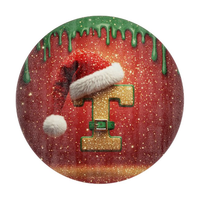 Personalised Christmas Monogram T with Santa Hat Cutting Board (Front)