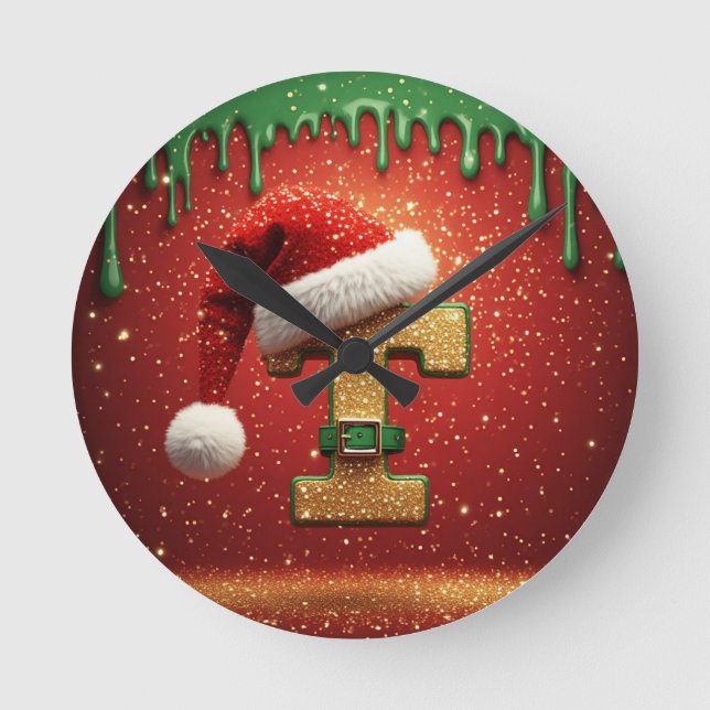 Personalised Christmas Monogram T with Santa Hat Round Clock (Front)